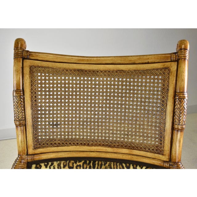 1990s Vintage Arago Hollywood Regency Style High Back Cane Bentwood Rattan Bindings Wrought Iron Support Touchstone Leopard Print Upholstery For Sale - Image 9 of 11