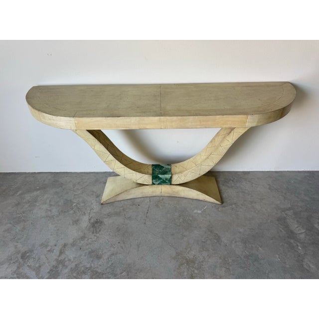 Art Deco Karl Springer Art Deco–Style Parchment Leather and Malachite Accent Console Table For Sale - Image 3 of 12