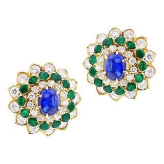 Natural Sapphire, Emerald, & Diamond Earring in 14k Gold For Sale