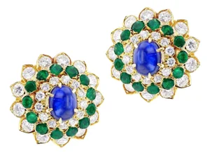 Natural Sapphire, Emerald, & Diamond Earring in 14k Gold