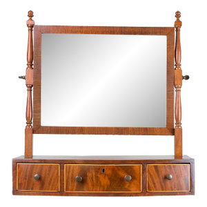 Antique Federal Bow Front Three Drawer Shaving Mirror, Circa 1830