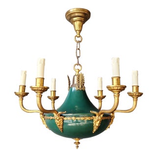Antique 19th Century Empire Lustre Gilt Neoclassical Patina Gilt Green Brass Chandelier For Sale