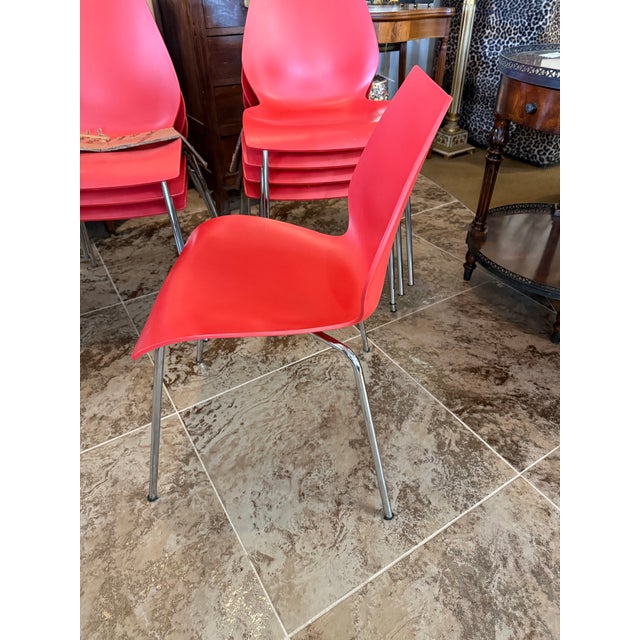 Signed Set 8 Italian Maui Kartell Red Dining Chairs Designed Bu Vico Magistretti For Sale - Image 9 of 11