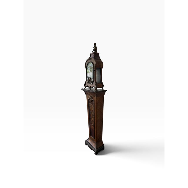 Rococo Antique Italian Louis XV Style Marquetry & Bronze Pedestal Clock - C. 1920 (2-Piece Set) For Sale - Image 3 of 15