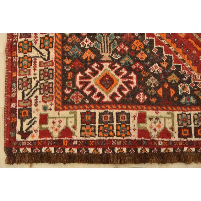 Shiraz Rug 3’10” X 5′ Red Wool Vintage Tribal Hand-Knotted Oriental Carpet For Sale - Image 10 of 13