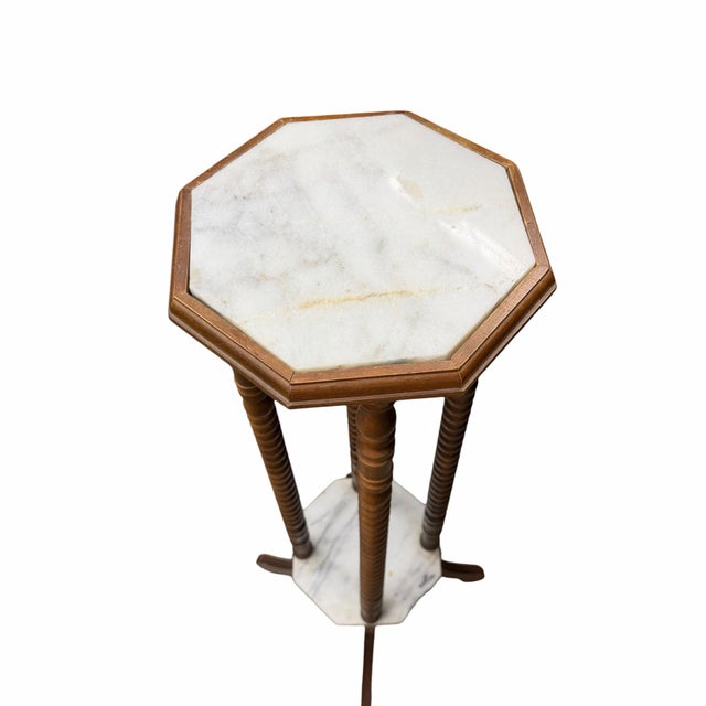 French Country Vintage Marble and Wood Spool Leg Pedestal, Plant Stand For Sale - Image 3 of 9
