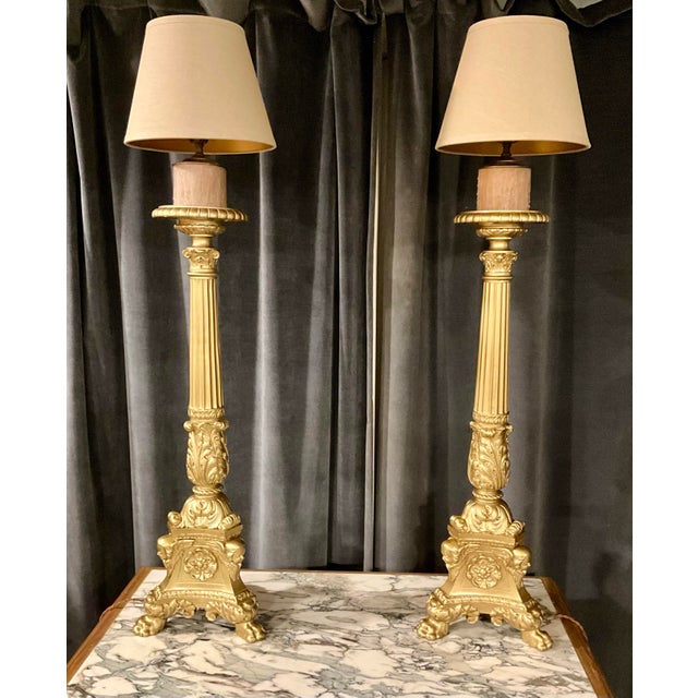 A TABLE TOP PAIR OF LOUIS XV STYLE GILT METAL CANDLESTICKS LAMPS Vintage very heavy candlesticks now mounted as lamps and...