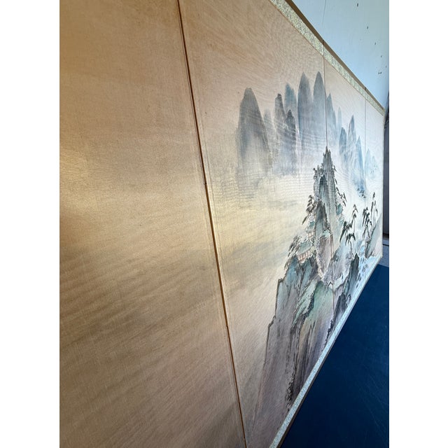 Vintage Japanese 4-Panel Byobu Screen "Morning Clouds at Mount Penglai" - For Sale - Image 4 of 17