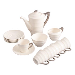 Art Deco British Moonstone Coffee Service with Silvered Handles by Keith Murray for Wedgwood, Set of 15 For Sale