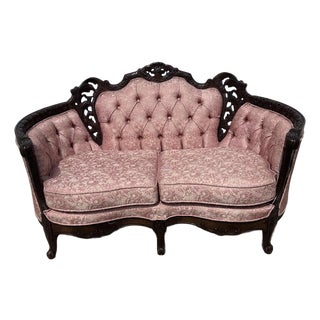 Vintage Victorian Carved Walnut Tufted Loveseat in Blush Jacquard For Sale