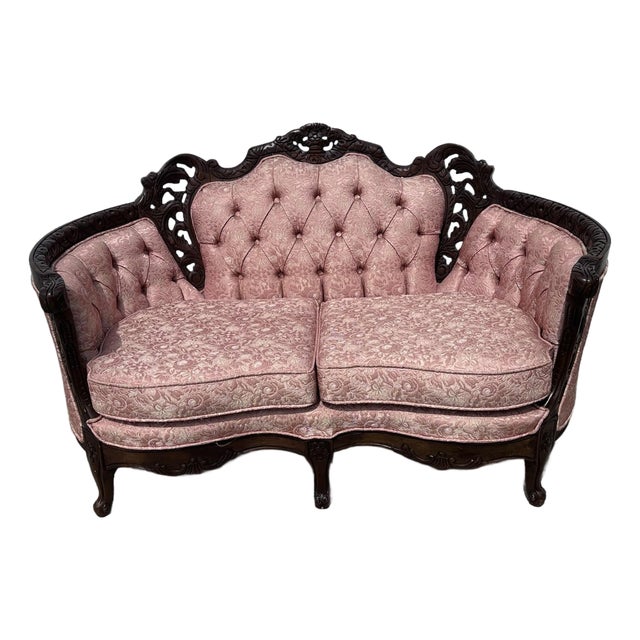 Vintage Victorian Carved Walnut Tufted Loveseat in Blush Jacquard For Sale