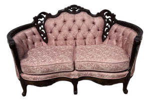 Vintage Victorian Carved Walnut Tufted Loveseat in Blush Jacquard