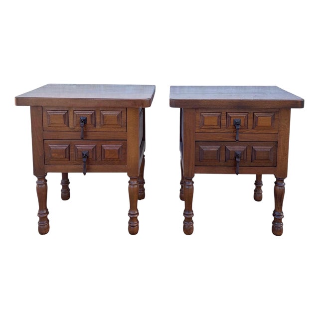 Pair of Spanish Rustic Solid Wood Bedside Tables, Mid-20th Century For Sale