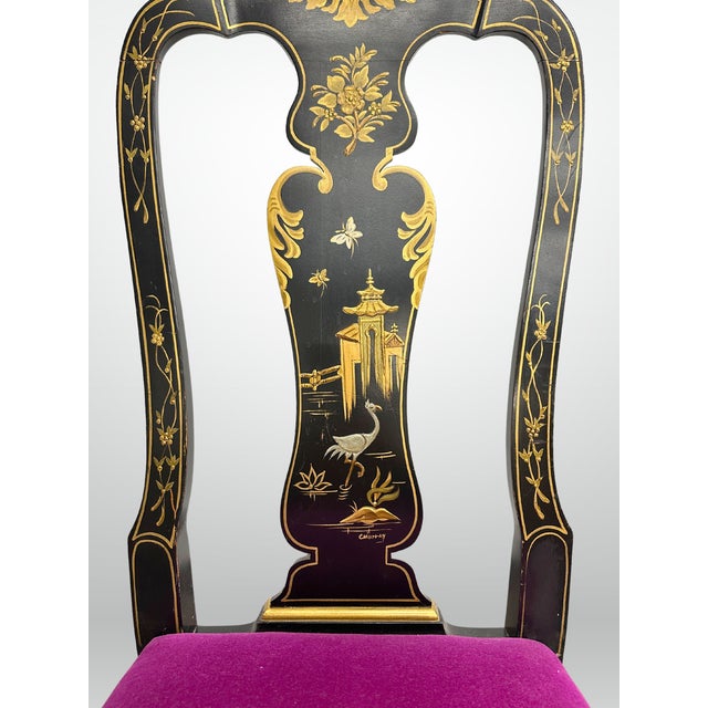 Kindel Queen Anne Hand Painted Chinoiserie Chairs Set of 6 Fuschia Velvet For Sale - Image 11 of 13