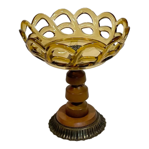 Vintage Amber Glass Lotus Blossom Pedestal Compote Bowl, Circa 70s