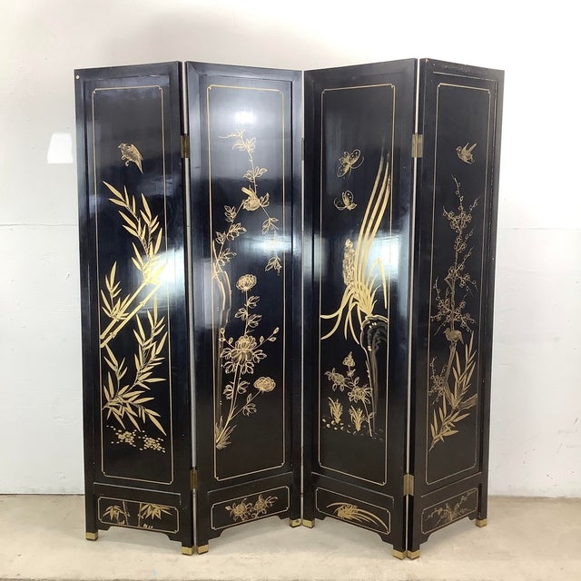 Bring timeless elegance to your space with this captivating four-panel chinoiserie lacquer screen. Featuring a richly...