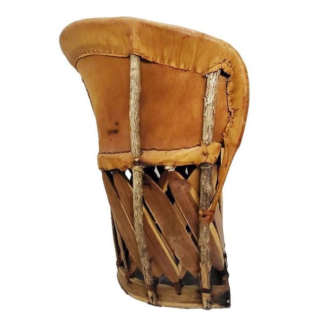 Mexican Vintage Mexican Equipal Pigskin & Cedar Barrel-Back Bar Stools - Pair For Sale - Image 3 of 6