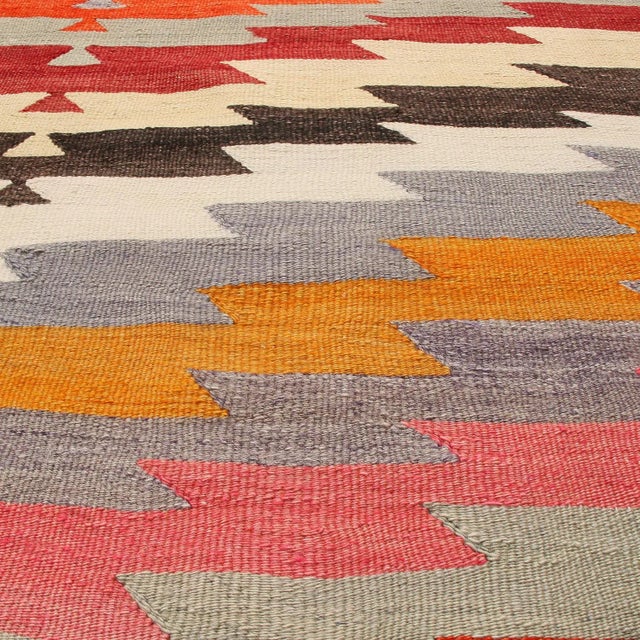 Traditional Vintage Mid-Century Geometric Blue Wool Kilim Rug With Multi-Color Accents For Sale - Image 3 of 5