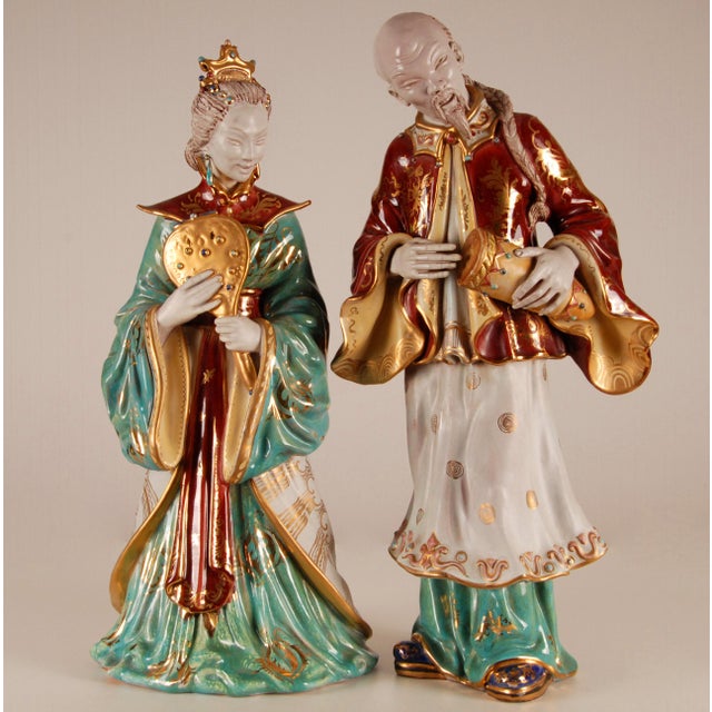 Eugenio Patterino Italian Sculptures Chinoiserie Italian glazed Terracotta figurines Composed a Chinoiserie man and woman...