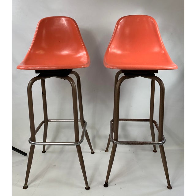 MidCentury Modern Swivel Orange Shell Bar Stools a Pair Chairish