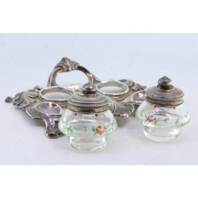 Silver Relief Inkwell with Glass Tanks, Floral Motifs and Cut-Out Feet For Sale - Image 4 of 7