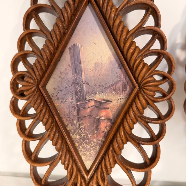Farmhouse Vintage 1975 Burwood Products Co Wall Plaques Set 2 Country Scenes Brown Retro For Sale - Image 3 of 10