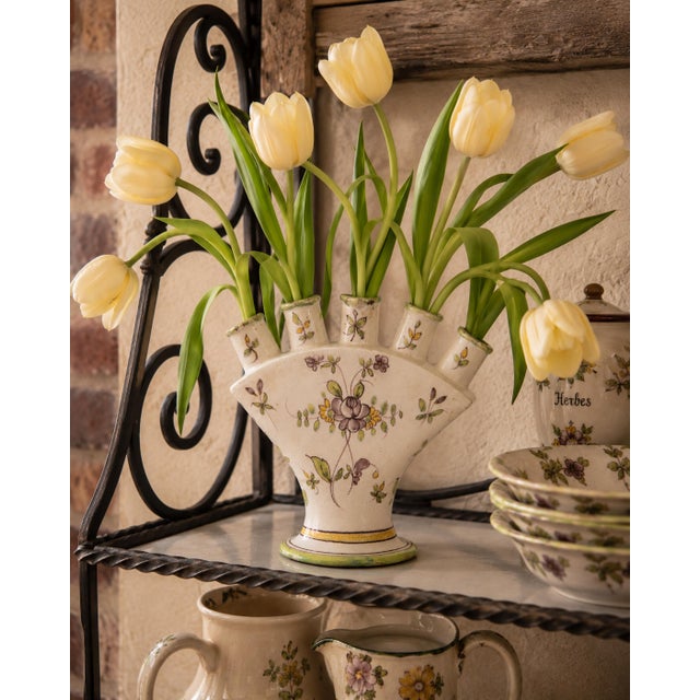 A rare 18th Century French Samadet faience five finger tulip vase or tulipiere. Maker's mark on reverse. Hand painted with...
