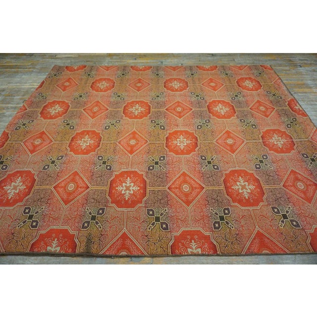 Victorian 1870s Red Octagonal Geometric Antique American Ingrain Carpet 7'7" X 9'6" Flatweave Wool Rug For Sale - Image 3 of 15