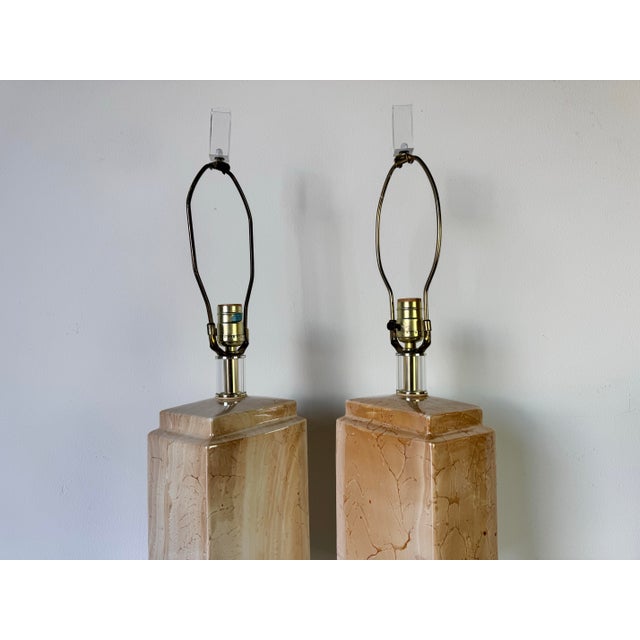 1980's Vintage Bauer Faux Marble Finish Ceramic Table Lamps - a Pair For Sale - Image 4 of 12