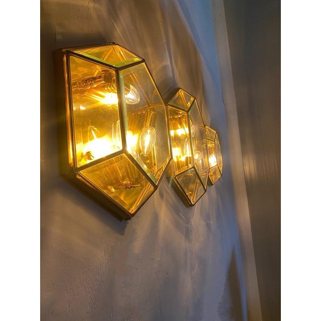 Vintage Hexagonal Facet Cut Glass and Brass Wall or Ceiling Lamps, 1960, Set of 3 For Sale - Image 3 of 16