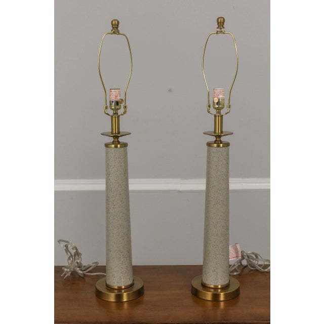 Pair Brass Base Toleware Column Modern Table Lamps For Sale - Image 9 of 9