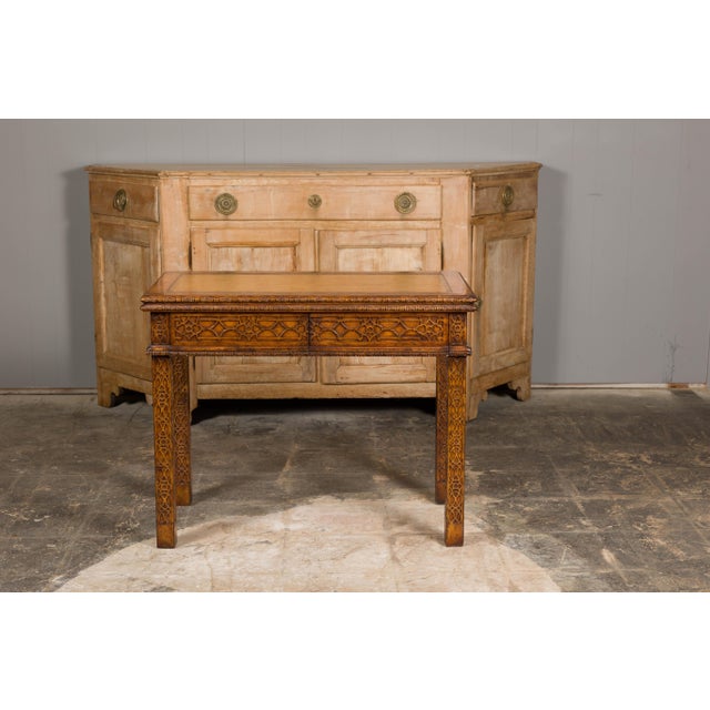 Mid 20th Century English Midcentury Game Table with Leather Top and Abundant Carved Décor For Sale In Atlanta - Image 6 of 12