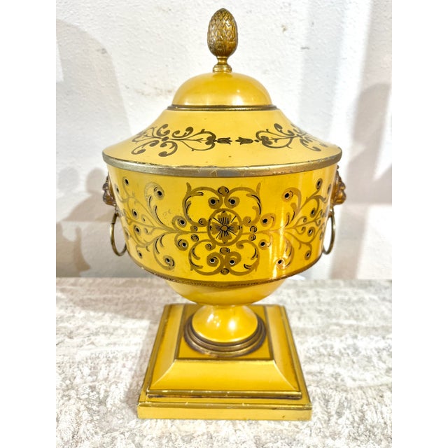 Vintage French Yellow Tole Lamp With Lion Head Handles For Sale - Image 10 of 12