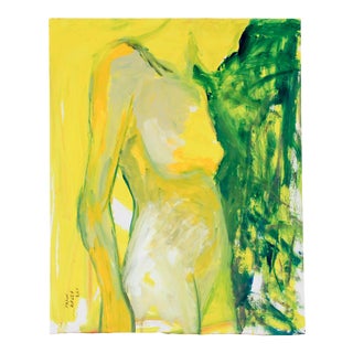 Yellow and Green Nude Painting on Board For Sale