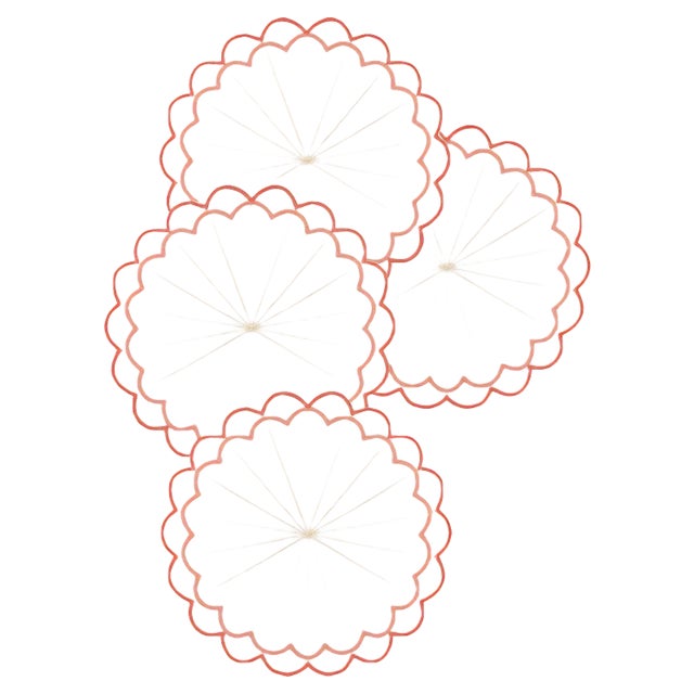 Escamas Coral Embroidered Linen Coasters by Los Encajeros, Set of 4 For Sale