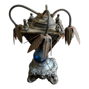 Vintage Asian Style Silver Table Lamp With Leaf Accents