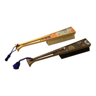 Pair Oriental Fabric Wood Handle Cloth Brushes Display Decor Art For Sale