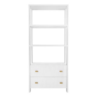 Matthew Izzo Home Davie Matte White Lacquer Two Drawer/Three Shelf Etagere With Brass Hardware For Sale