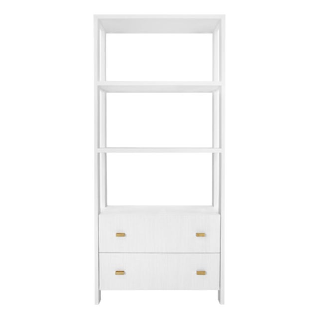 Matthew Izzo Home Davie Matte White Lacquer Two Drawer/Three Shelf Etagere With Brass Hardware For Sale