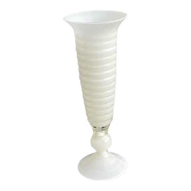 Vintage Venetian Clear Over White Cased Art Glass Ribbed Vase For Sale