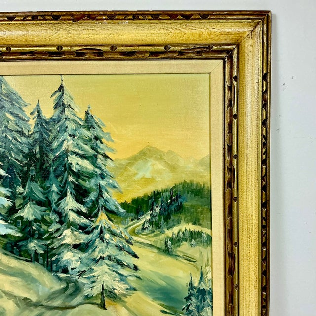 Teal 1970s Vintage Impressionist Landscape Snow Covered Trees Folk Art Original Oil Painting, Artist Signed For Sale - Image 8 of 12