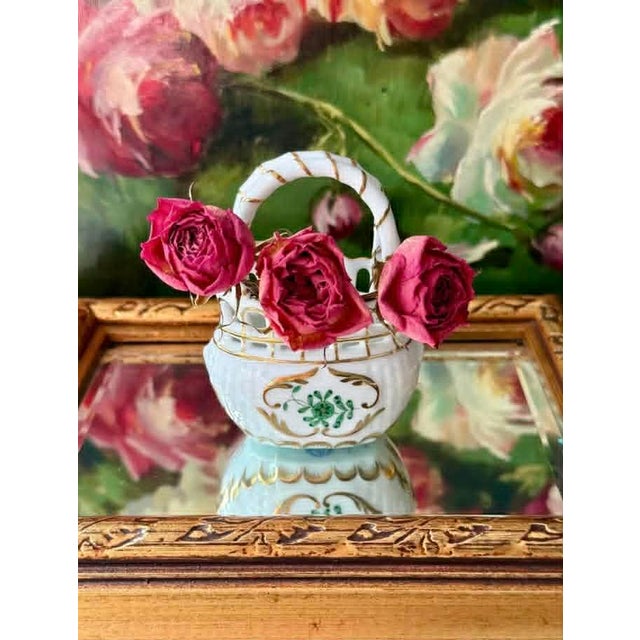 Beautiful Herend Hungarian Miniature Porcelain Basket with Handle. It’s in excellent vintage condition. No cracks, no...
