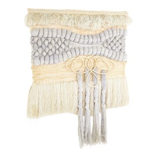 Mid Century Macramé Wall Hanging in Periwinkle and Salmon For Sale