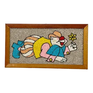 Mid-Century Circus Clown Pebble Gravel Wall Hanging Art