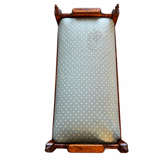 Antique Figured Wood Upholstered Bench With Turned Finials and Blue-Green Diamond Fabric For Sale - Image 9 of 10