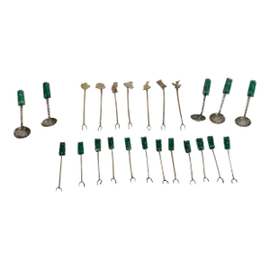 Sterling Silver Hors Oeuvres Set, Carved Green Stone Handles 24 Pieces