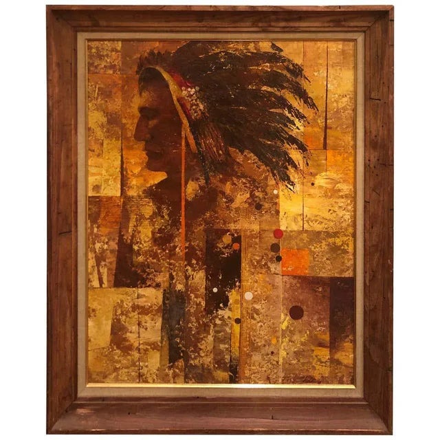 1970s Mid Century Oil on Board of an Indian Warrior For Sale - Image 13 of 13