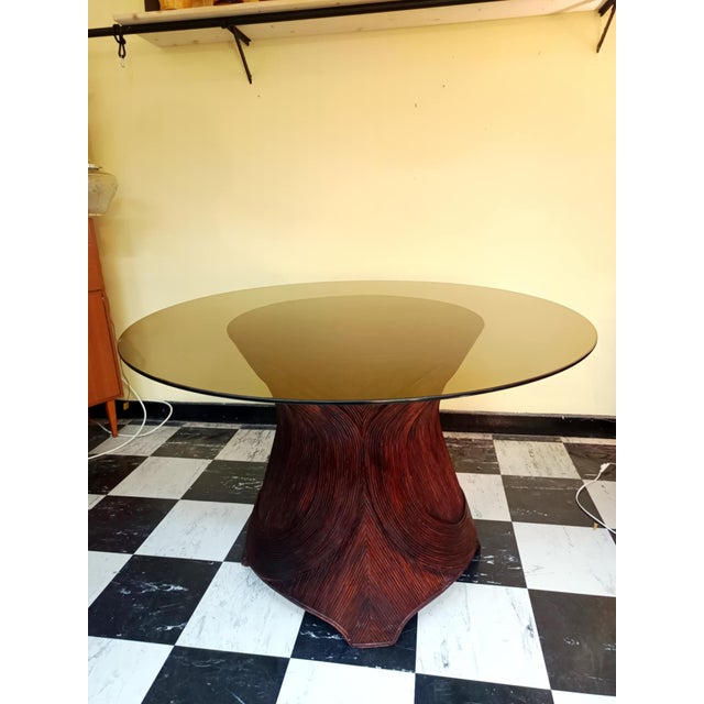 Round rattan marquetry table base with a beautiful curved design, topped with a large round smoked glass shade. Rosewood...