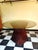 Round rattan marquetry table base with a beautiful curved design, topped with a large round smoked glass shade. Rosewood...