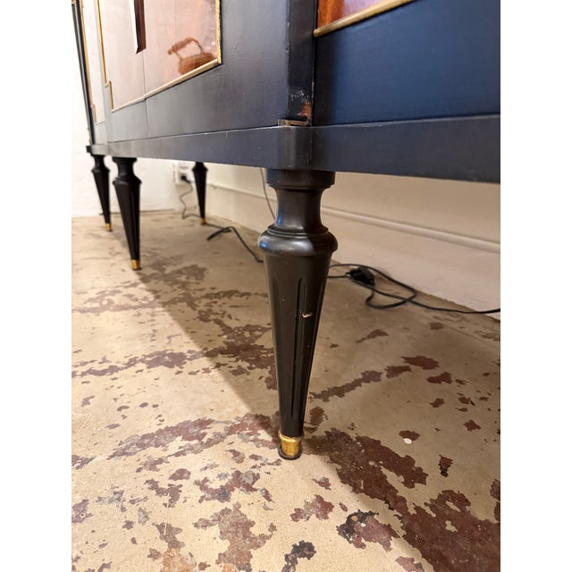 French Louis XVI Style Black Lacquered Sideboard Credenza With Marble Top and Burled Walnut For Sale - Image 17 of 17